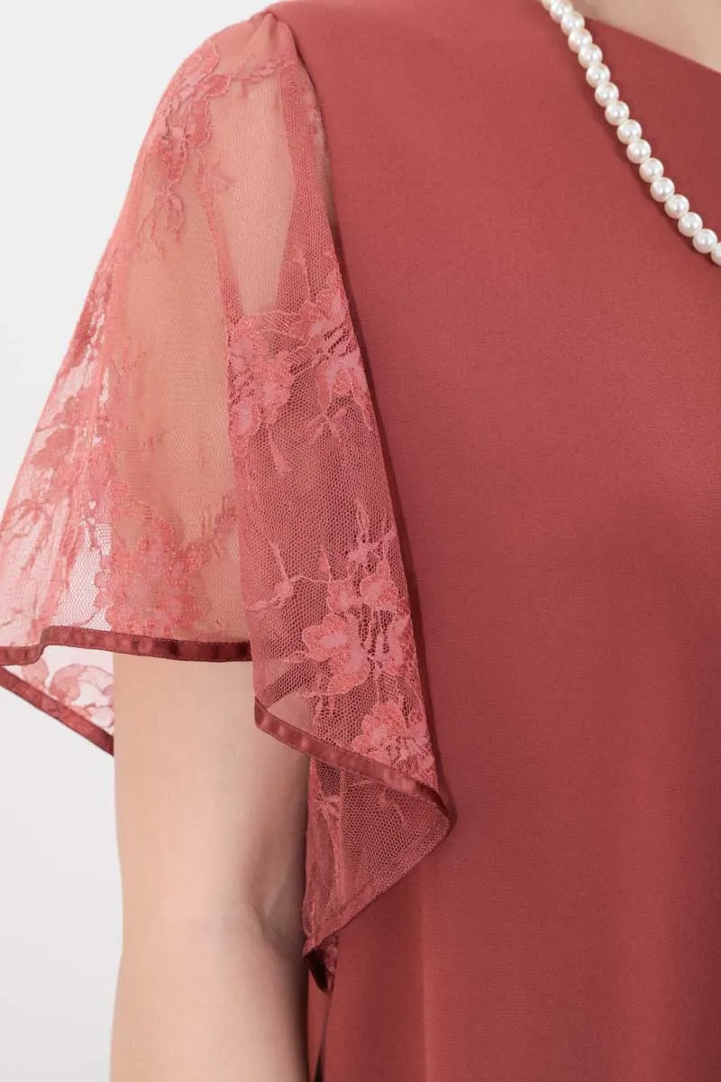 オレンジのフレアレーススリーブAラインドレス