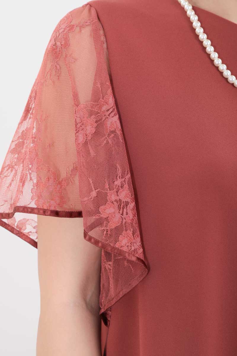 オレンジのフレアレーススリーブAラインドレス