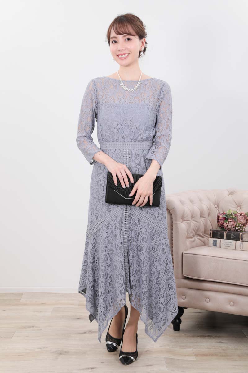 ブルーグレーのハンカチーフヘムレースドレス