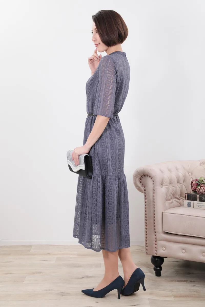 ブルーグレーのマーメイドラインストライプレースドレス