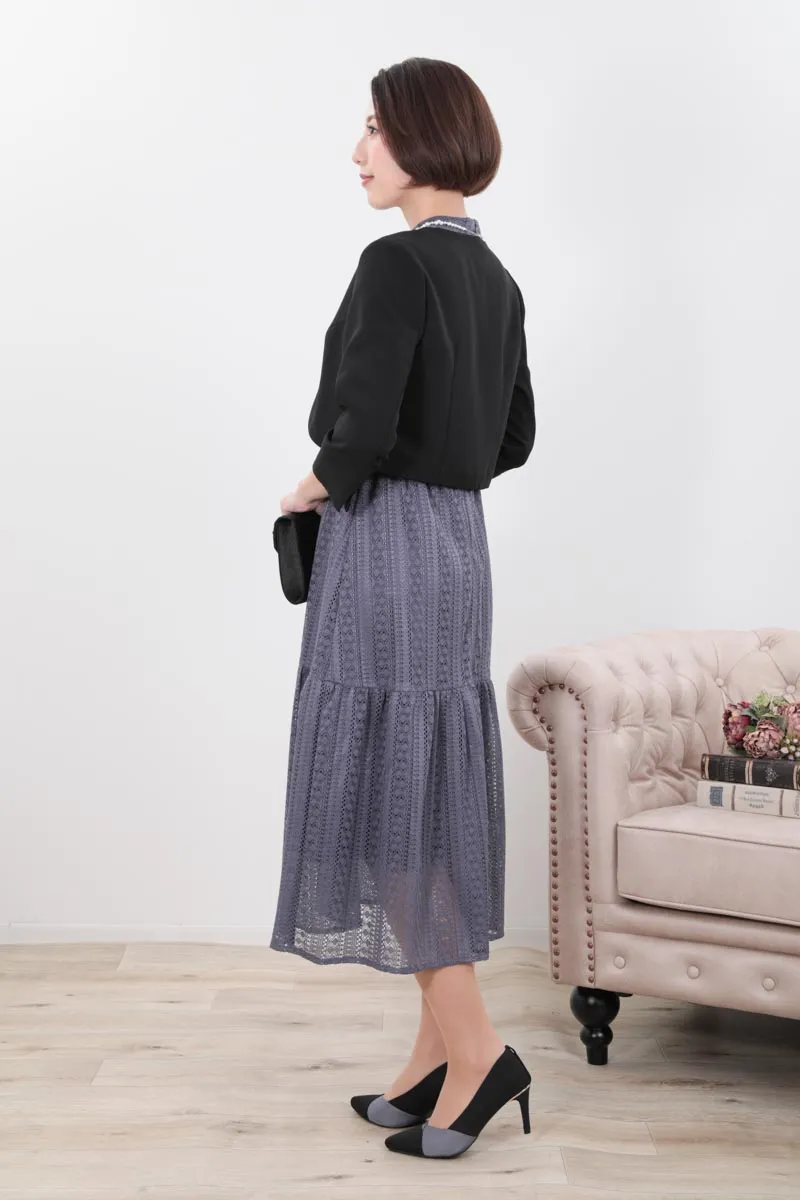 ブルーグレーのマーメイドラインストライプレースドレス