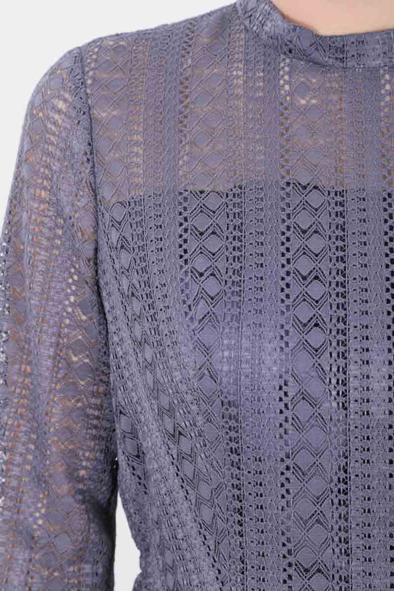 ブルーグレーのマーメイドラインストライプレースドレス