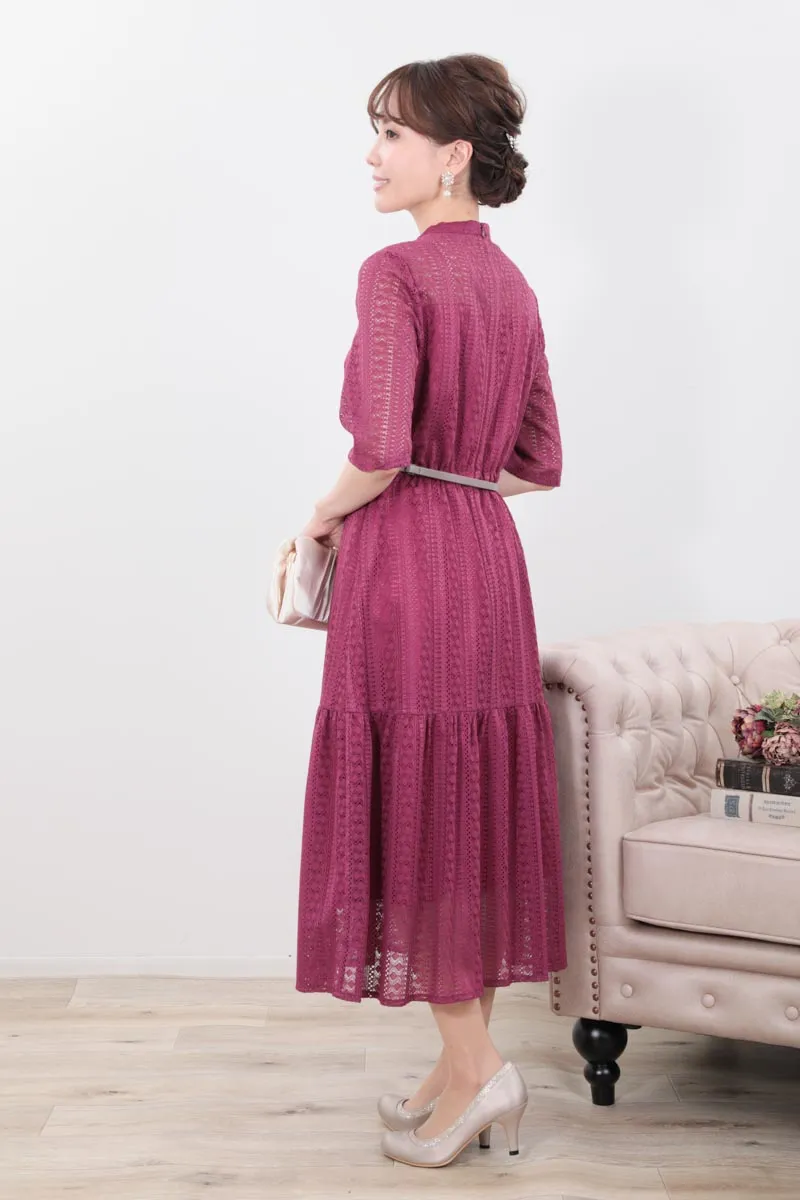 パープルのマーメイドラインストライプレースドレス