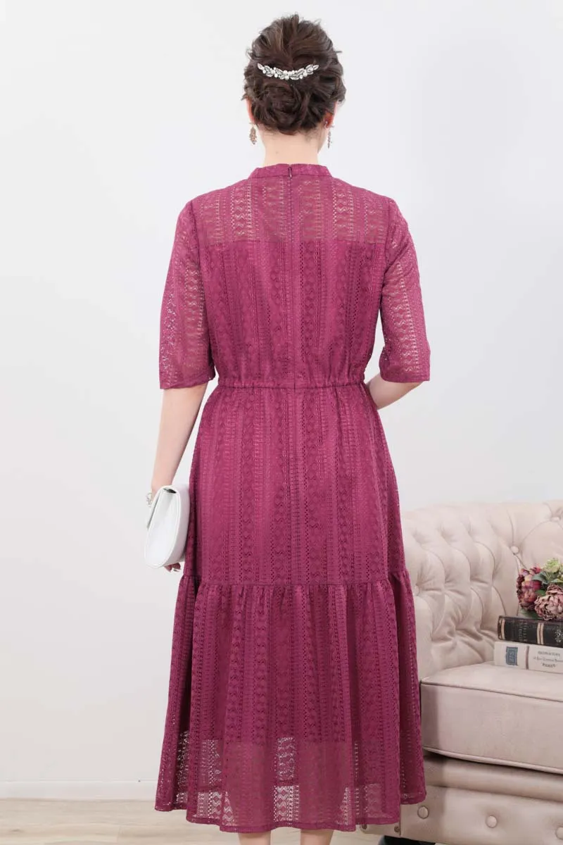 パープルのマーメイドラインストライプレースドレス