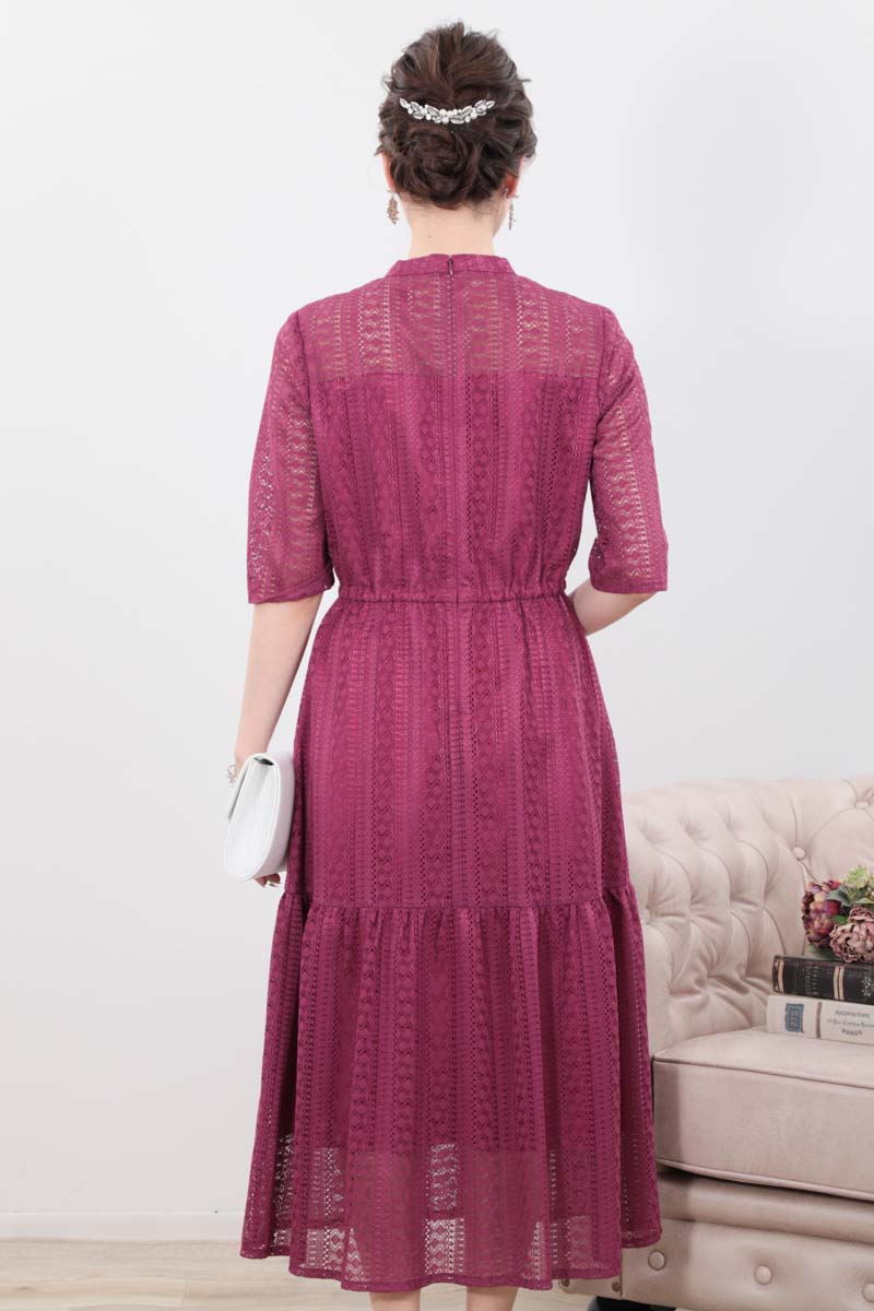 パープルのマーメイドラインストライプレースドレス