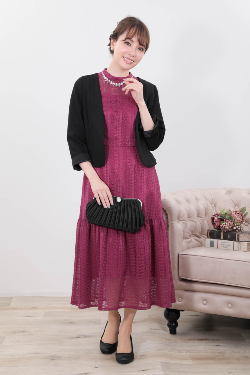 パープルのマーメイドラインストライプレースドレス