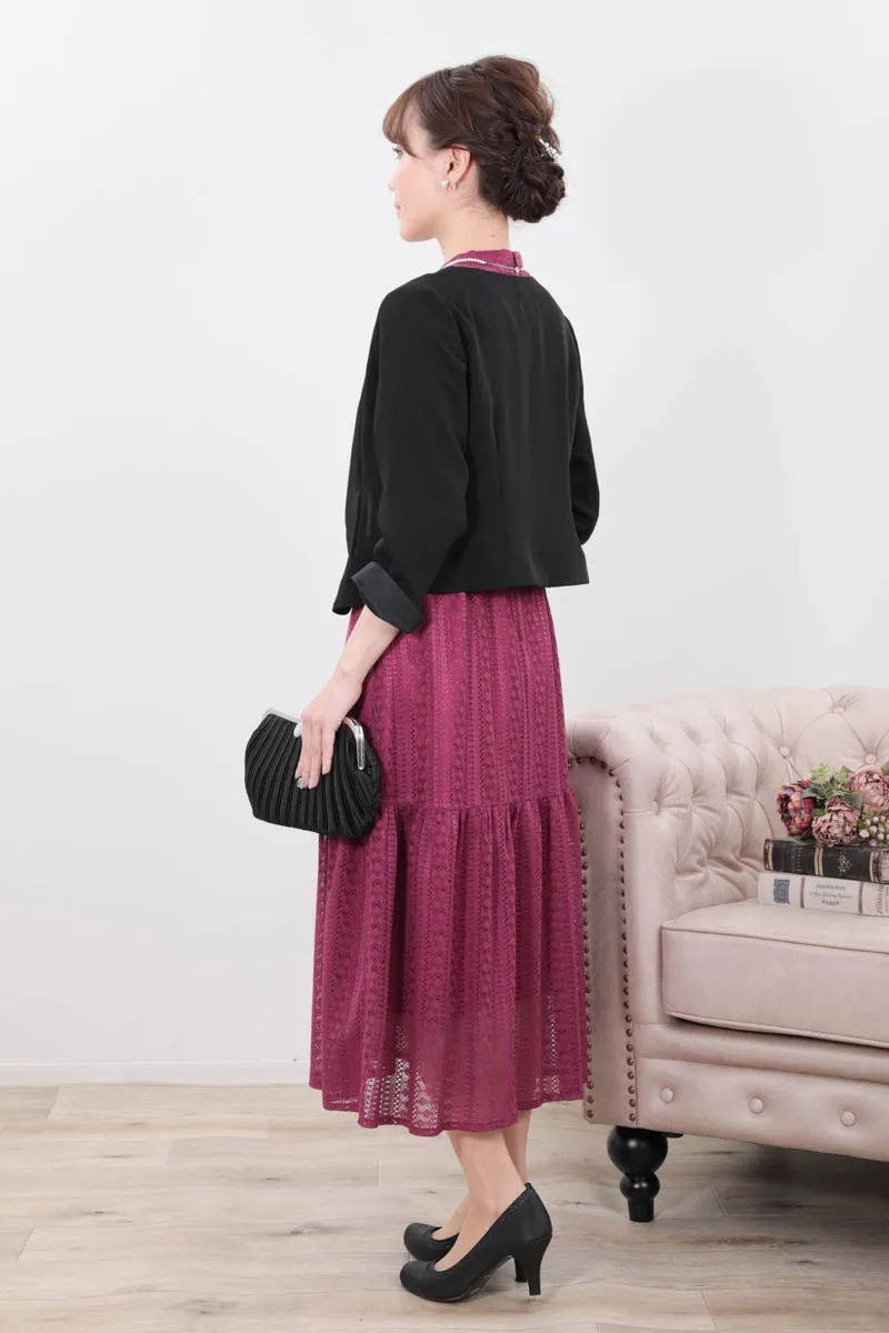 パープルのマーメイドラインストライプレースドレス