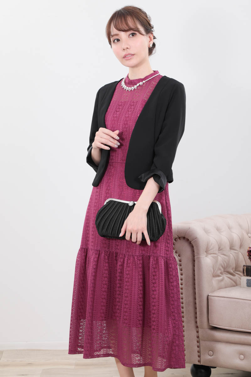 パープルのマーメイドラインストライプレースドレス