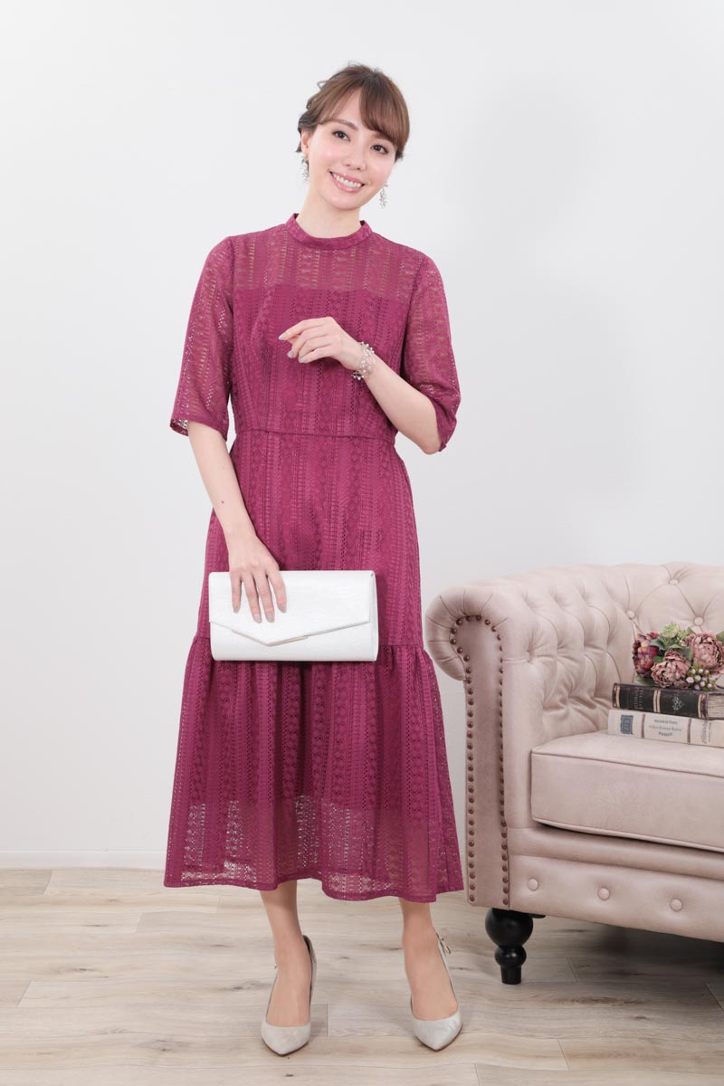 パープルのマーメイドラインストライプレースドレス