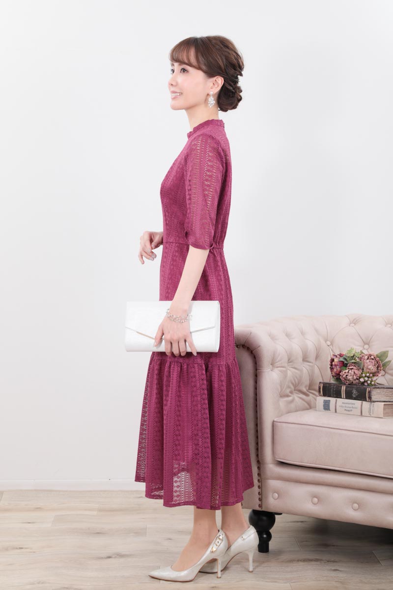 パープルのマーメイドラインストライプレースドレス