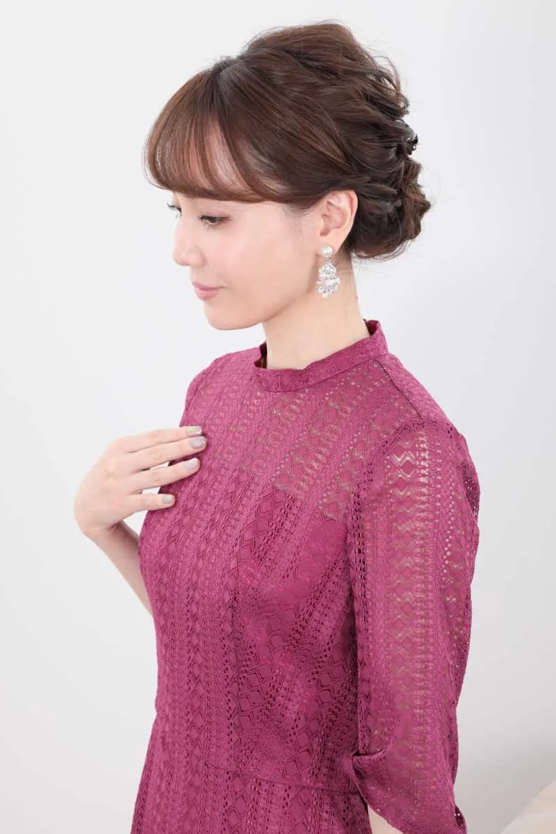 パープルのマーメイドラインストライプレースドレス