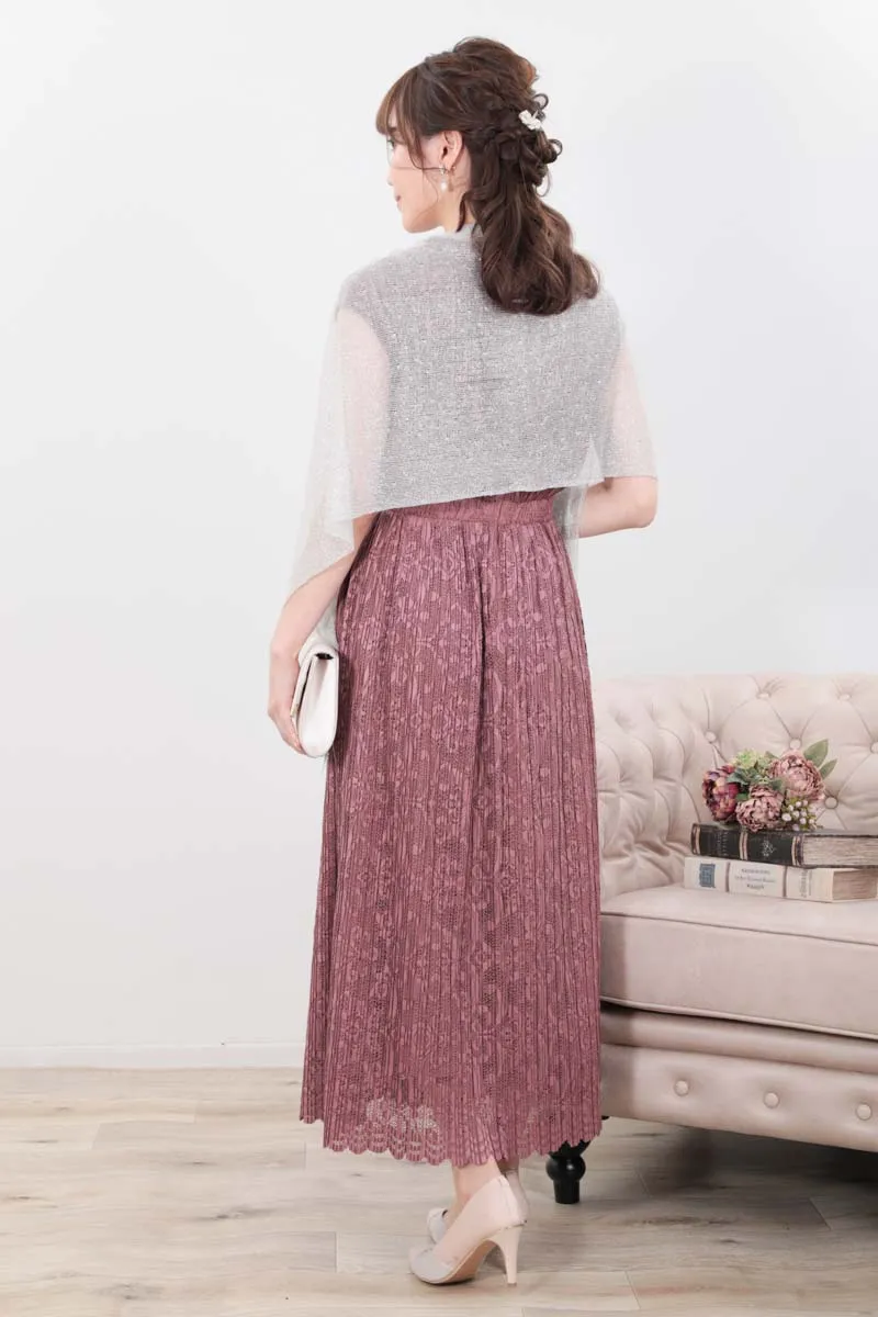 ピンクのワッシャープリーツレースドレス