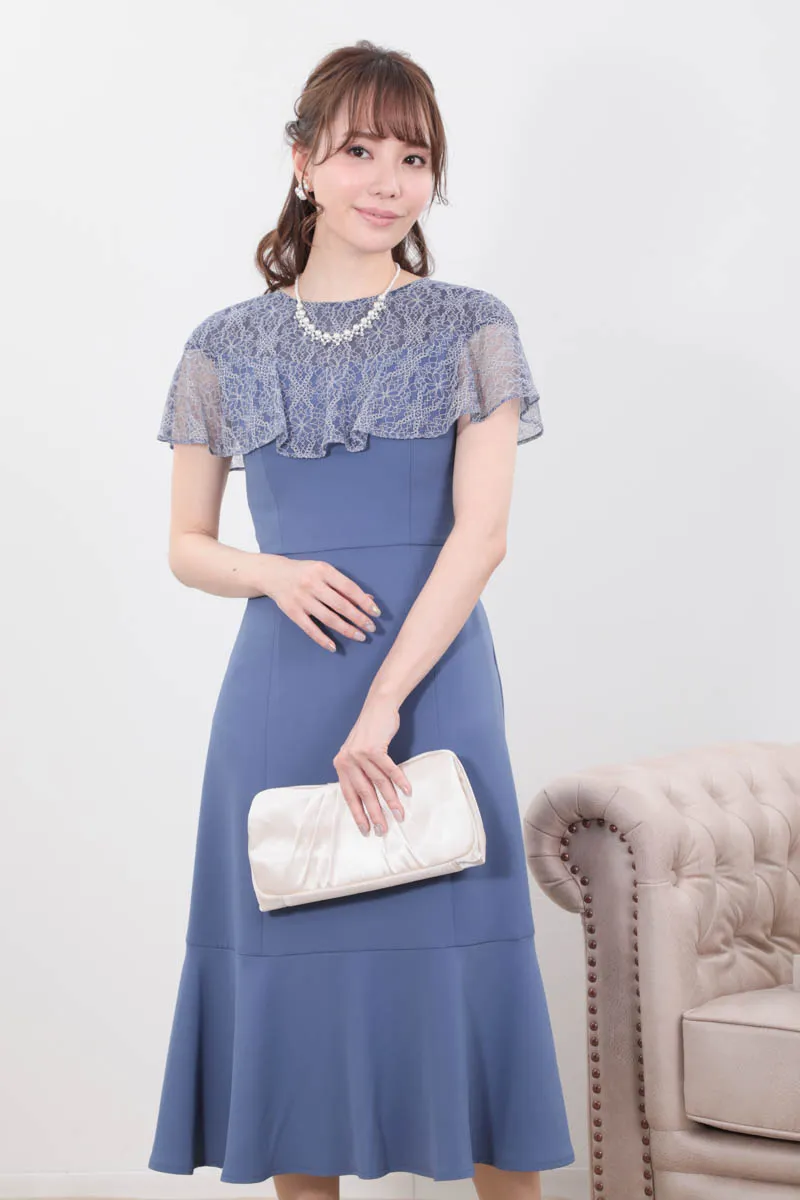 ブルーのソフトマーメイドケープドレス