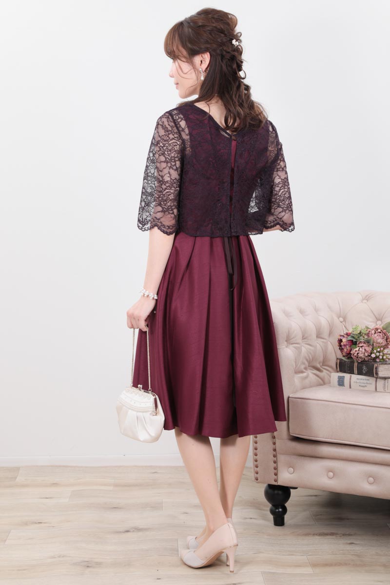 ワインレッドのレースボレロセットドレス