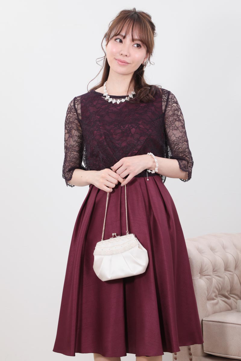 ワインレッドのレースボレロセットドレス