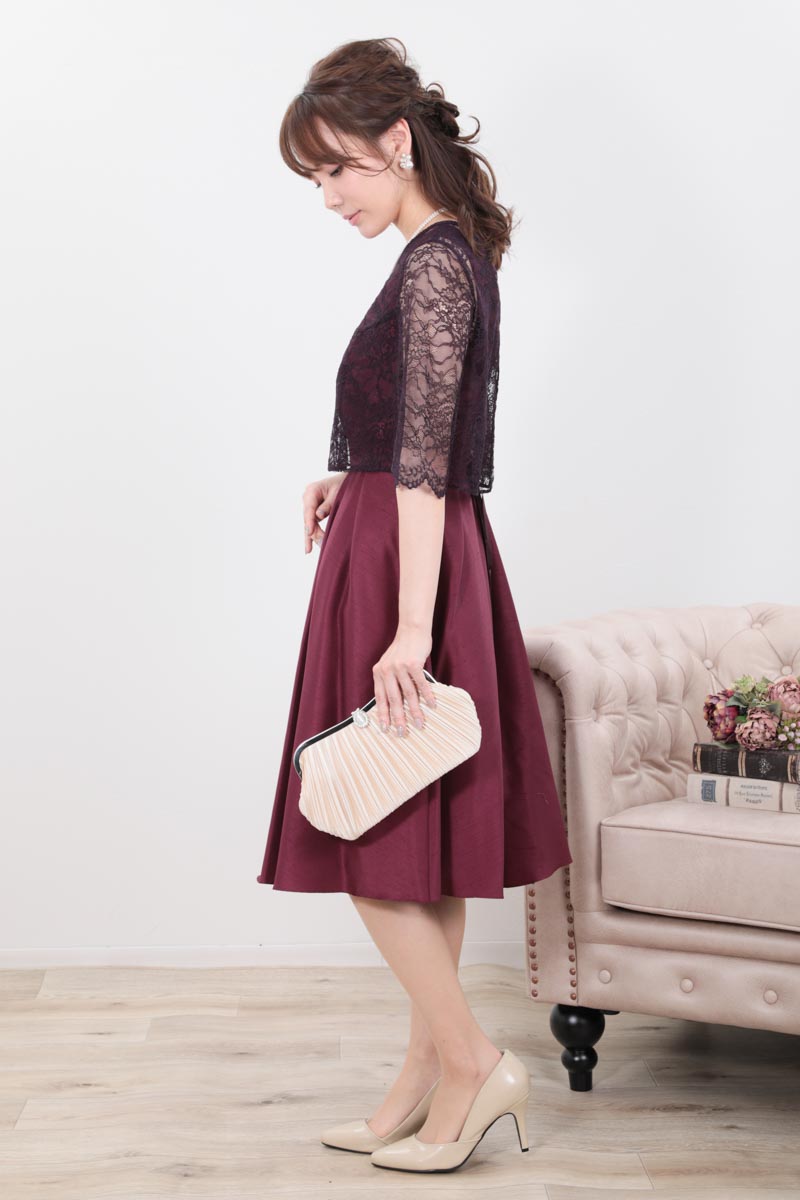 ワインレッドのレースボレロセットドレス
