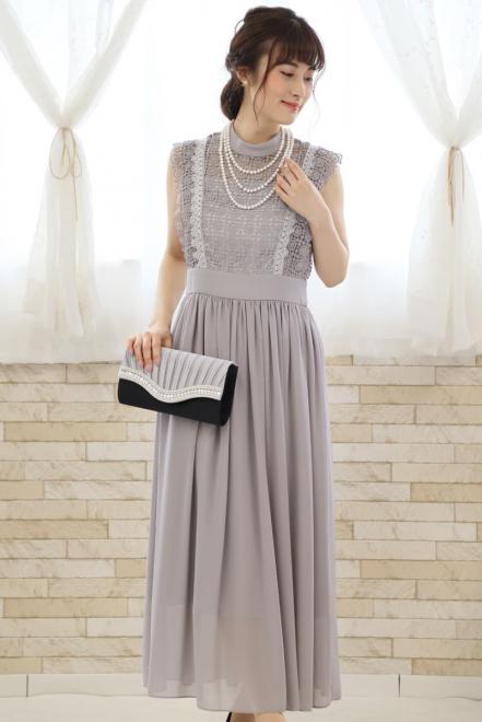 グレーのフレンチスリーブロングドレス