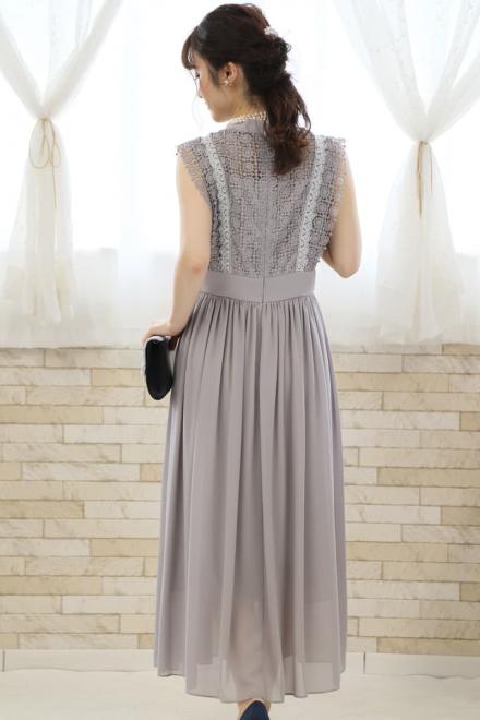 グレーのフレンチスリーブロングドレス