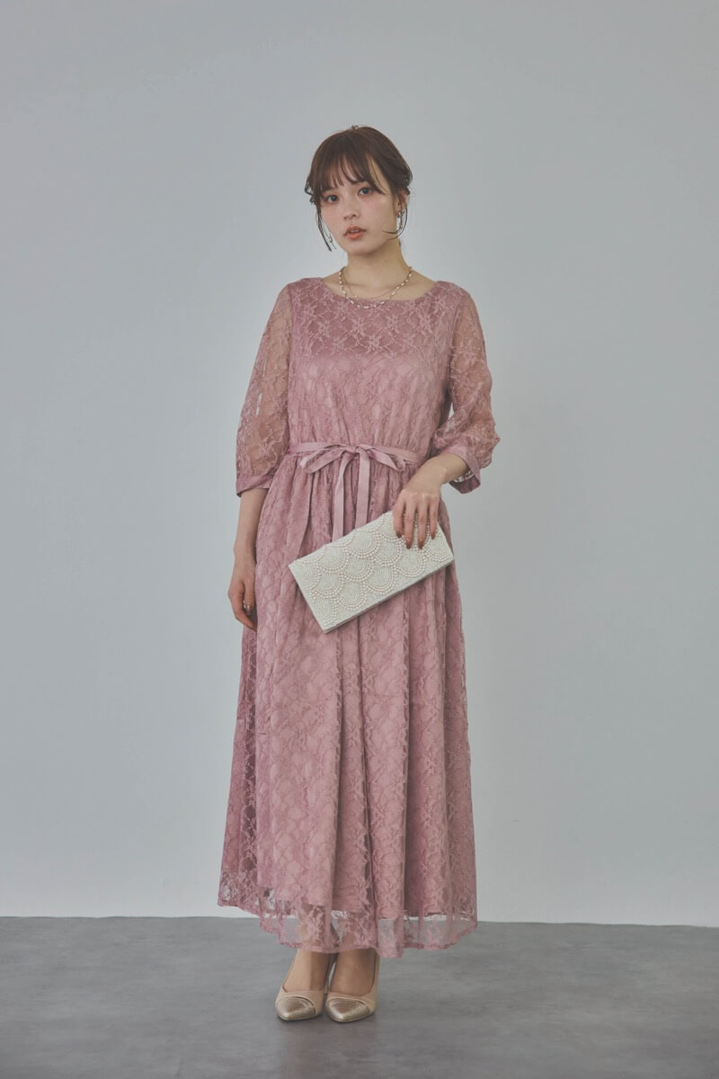 モーヴピンクの授乳口付き総レースドレス
