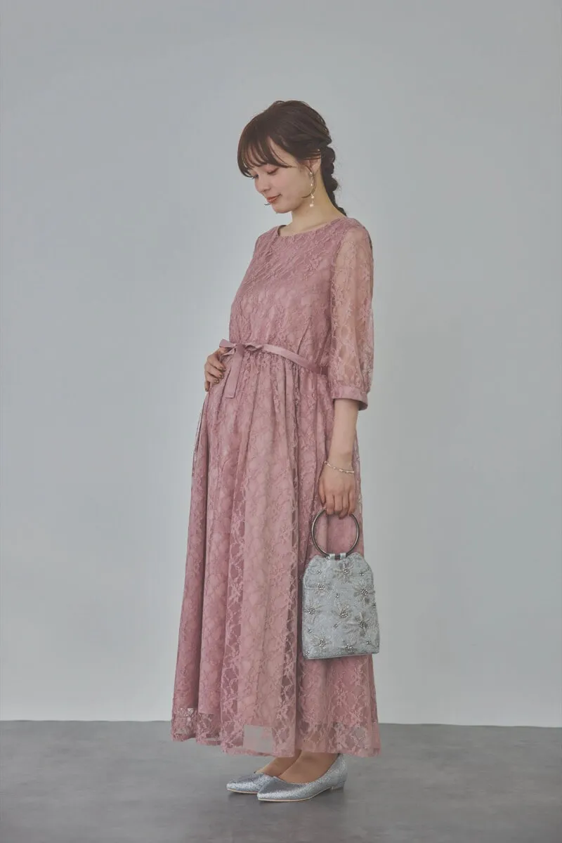 モーヴピンクの授乳口付き総レースドレス
