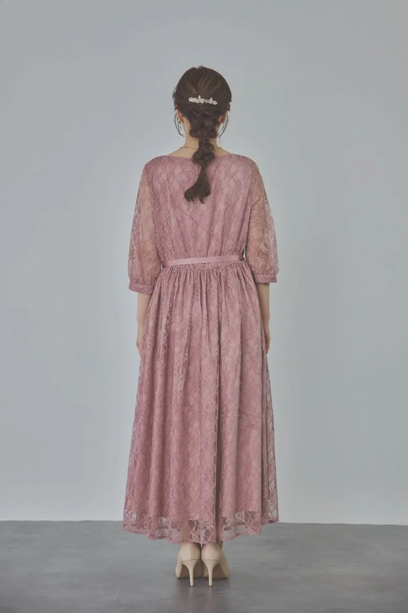 モーヴピンクの授乳口付き総レースドレス
