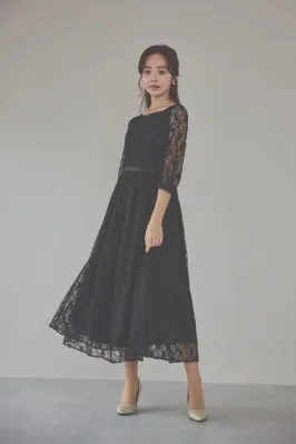 ブラックの授乳口付き総レースドレス[S〜M対応,マタニティ] Select Shop