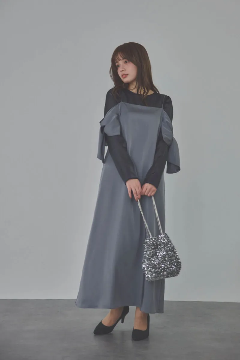 ネイビーのシャンブレーレイヤードリボンドレス