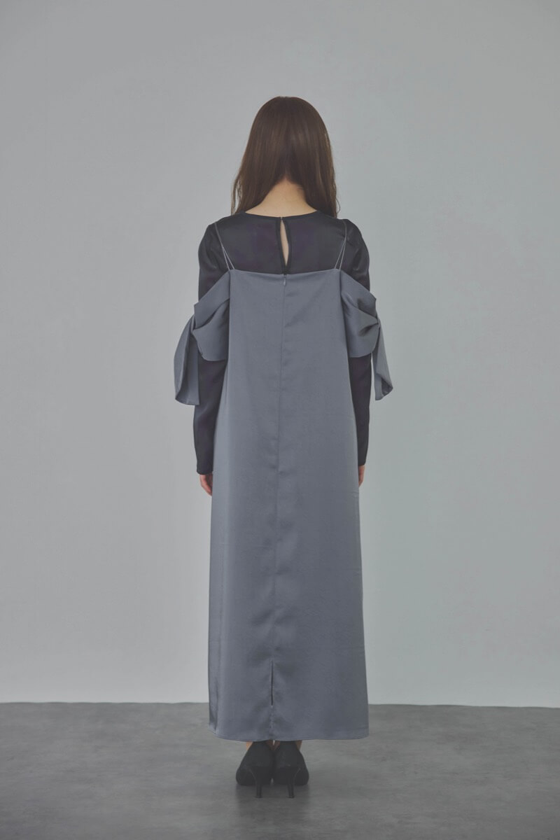 ネイビーのシャンブレーレイヤードリボンドレス