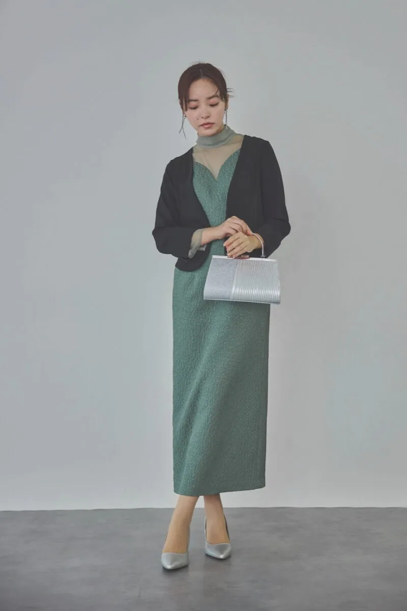 グリーンのチュールコンビジャガードドレス