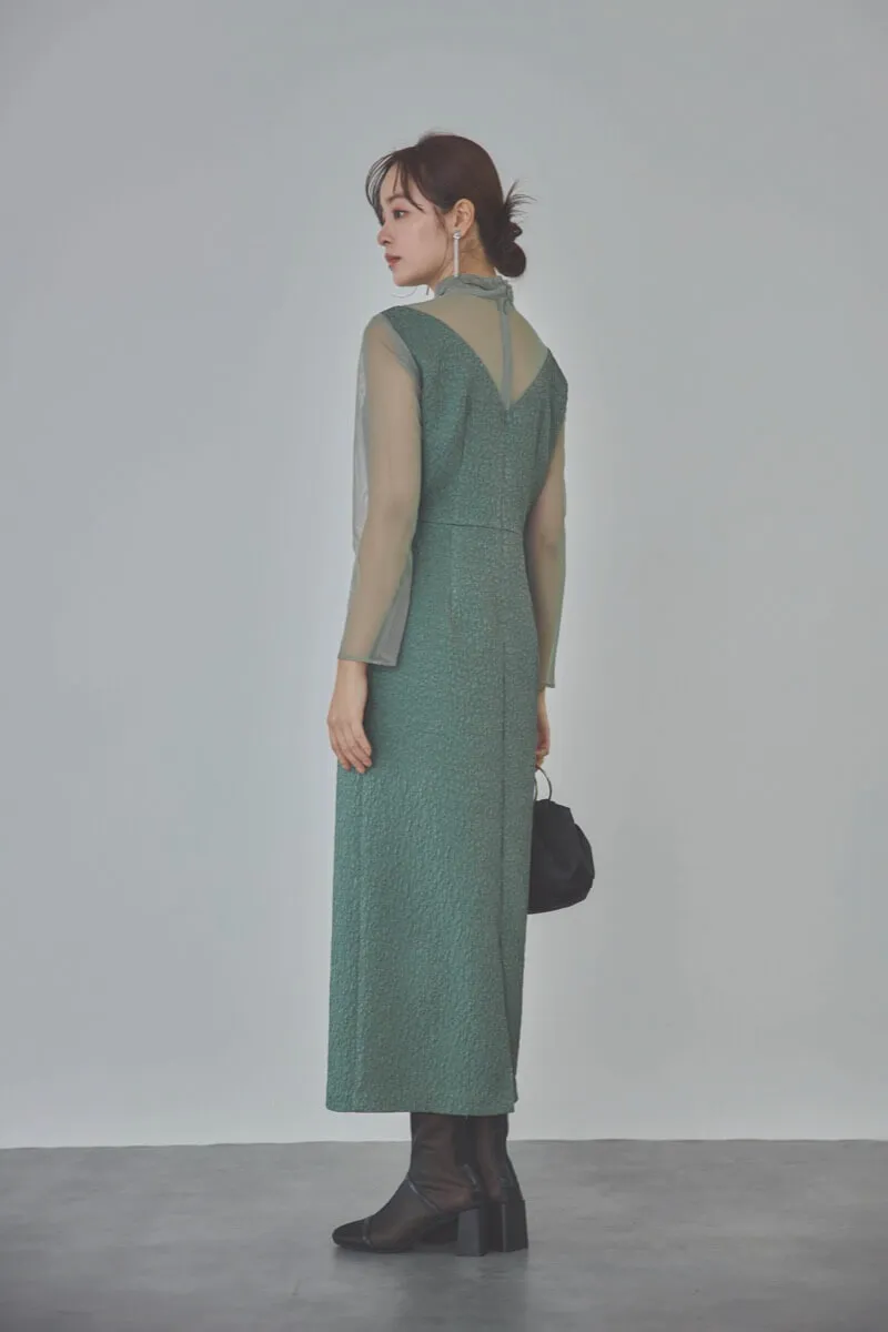グリーンのチュールコンビジャガードドレス