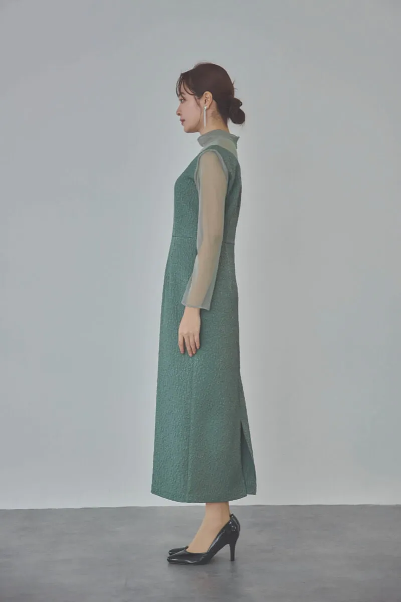 グリーンのチュールコンビジャガードドレス