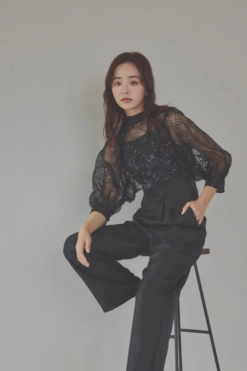 ブラックのパフスリーブボレロオールインワンドレス