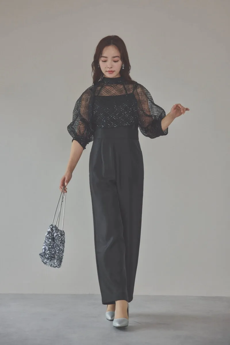 ブラックのパフスリーブボレロオールインワンドレス