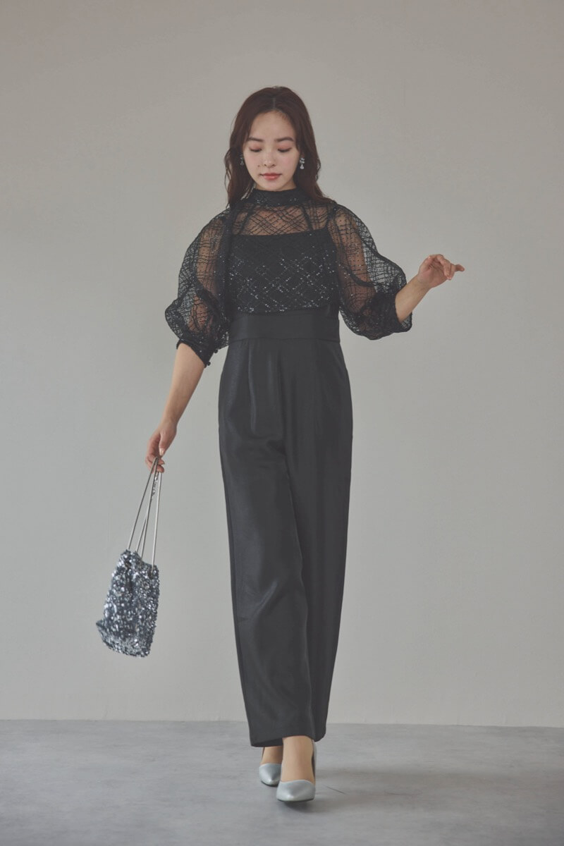 ブラックのパフスリーブボレロオールインワンドレス