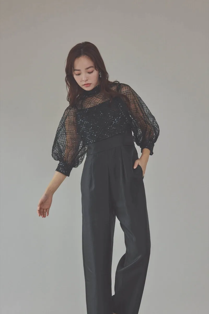 ブラックのパフスリーブボレロオールインワンドレス