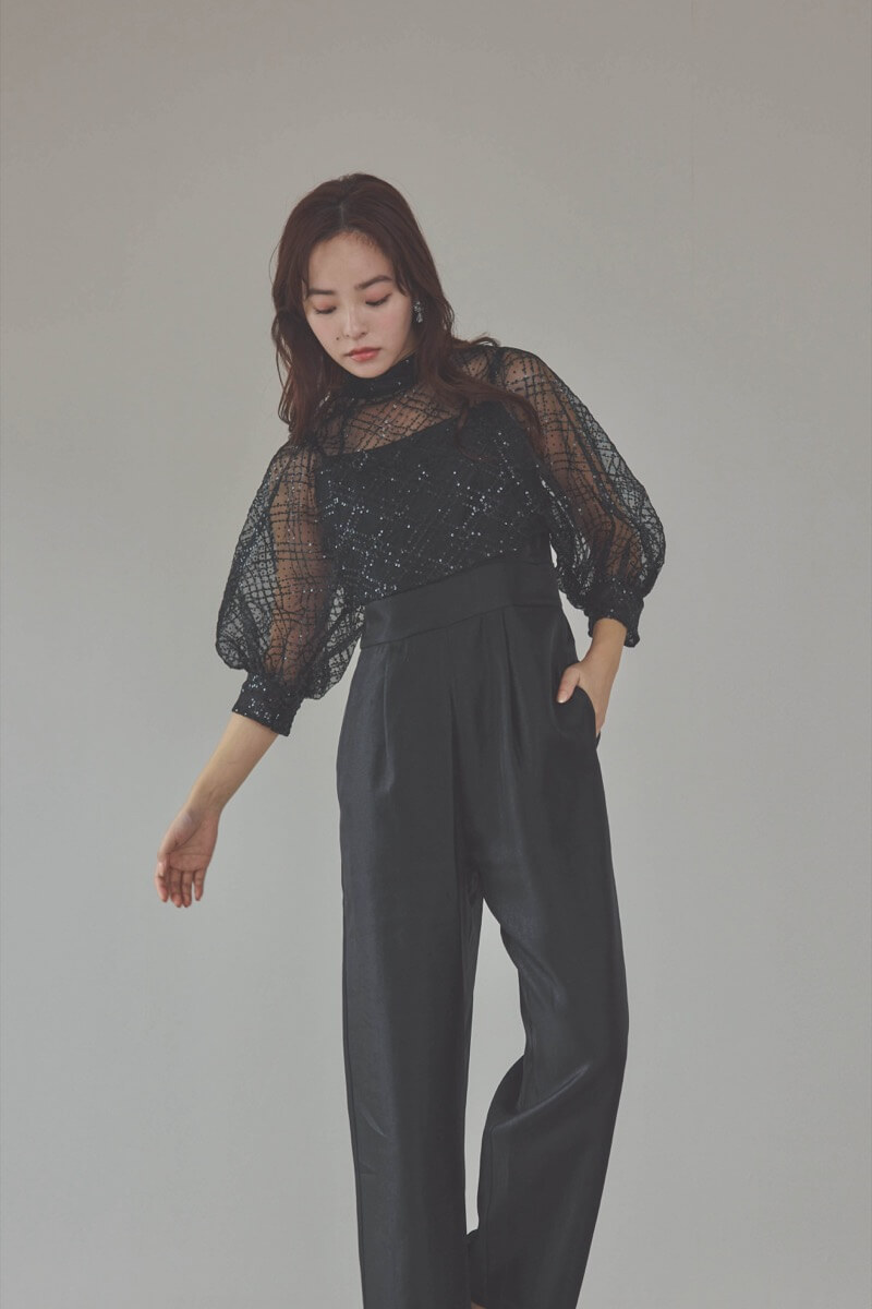 ブラックのパフスリーブボレロオールインワンドレス