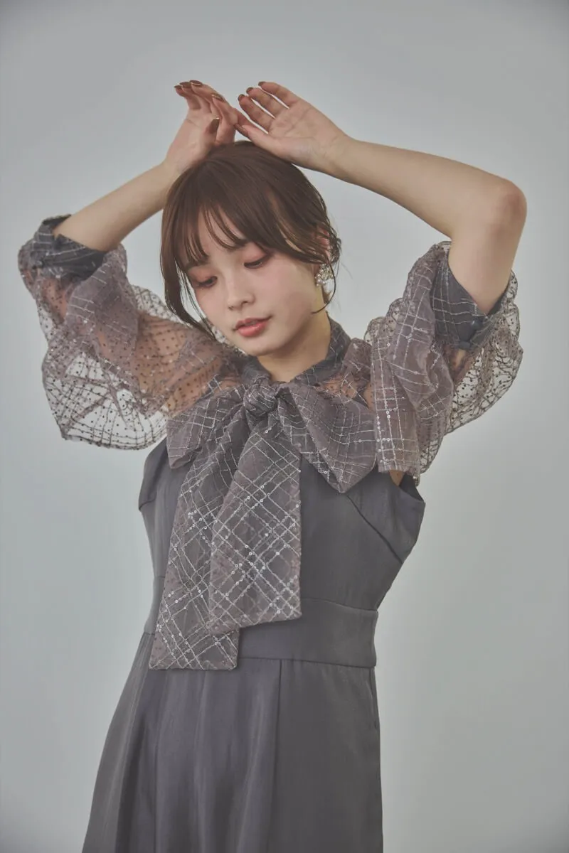 ブルーグレーのパフスリーブボレロオールインワンドレス