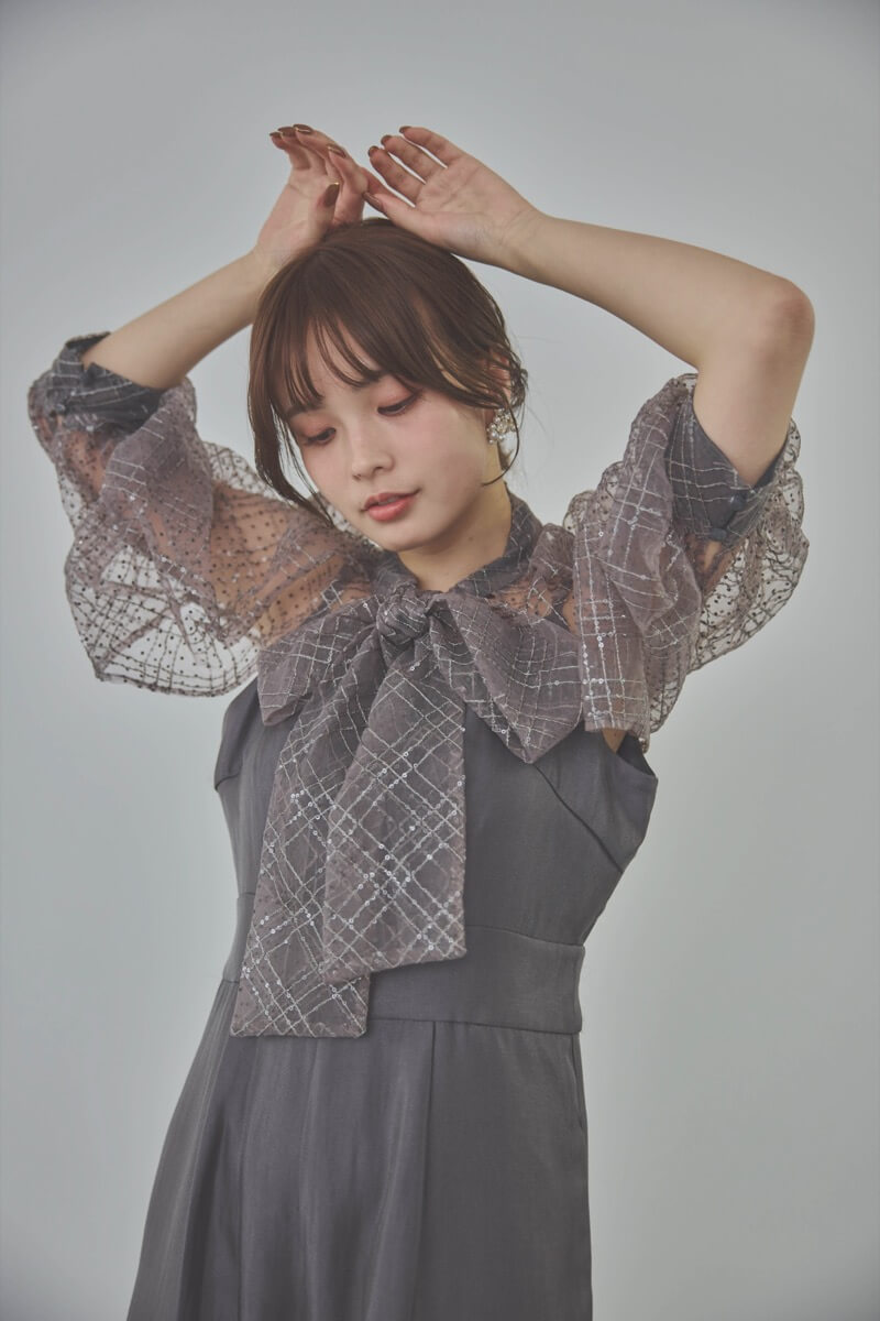 ブルーグレーのパフスリーブボレロオールインワンドレス