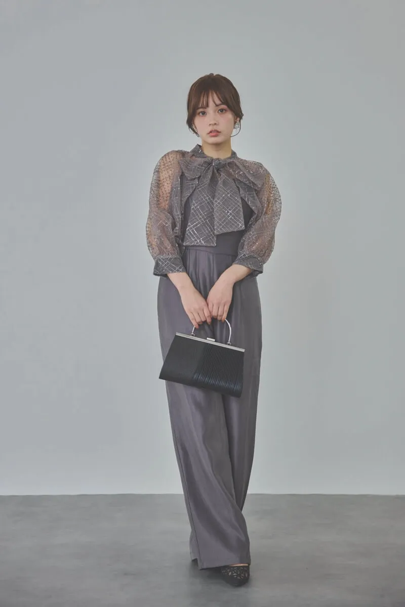 ブルーグレーのパフスリーブボレロオールインワンドレス