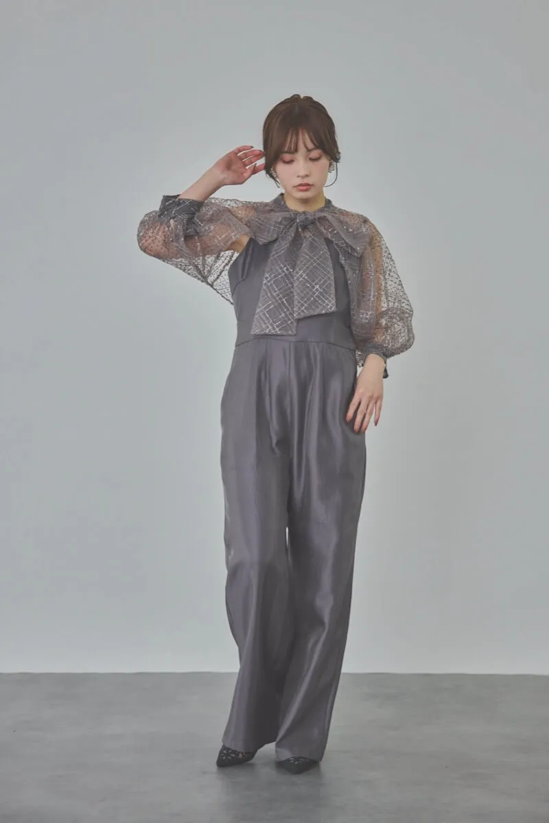 ブルーグレーのパフスリーブボレロオールインワンドレス