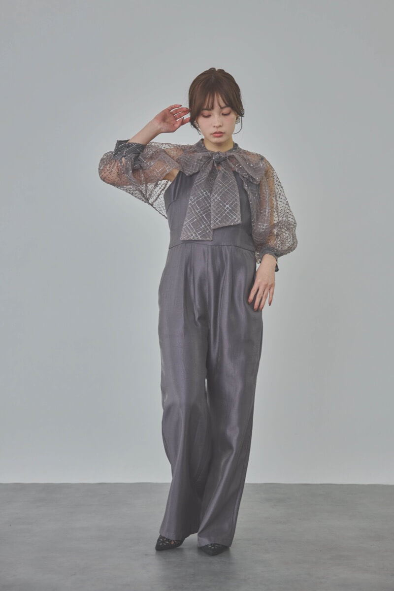 ブルーグレーのパフスリーブボレロオールインワンドレス