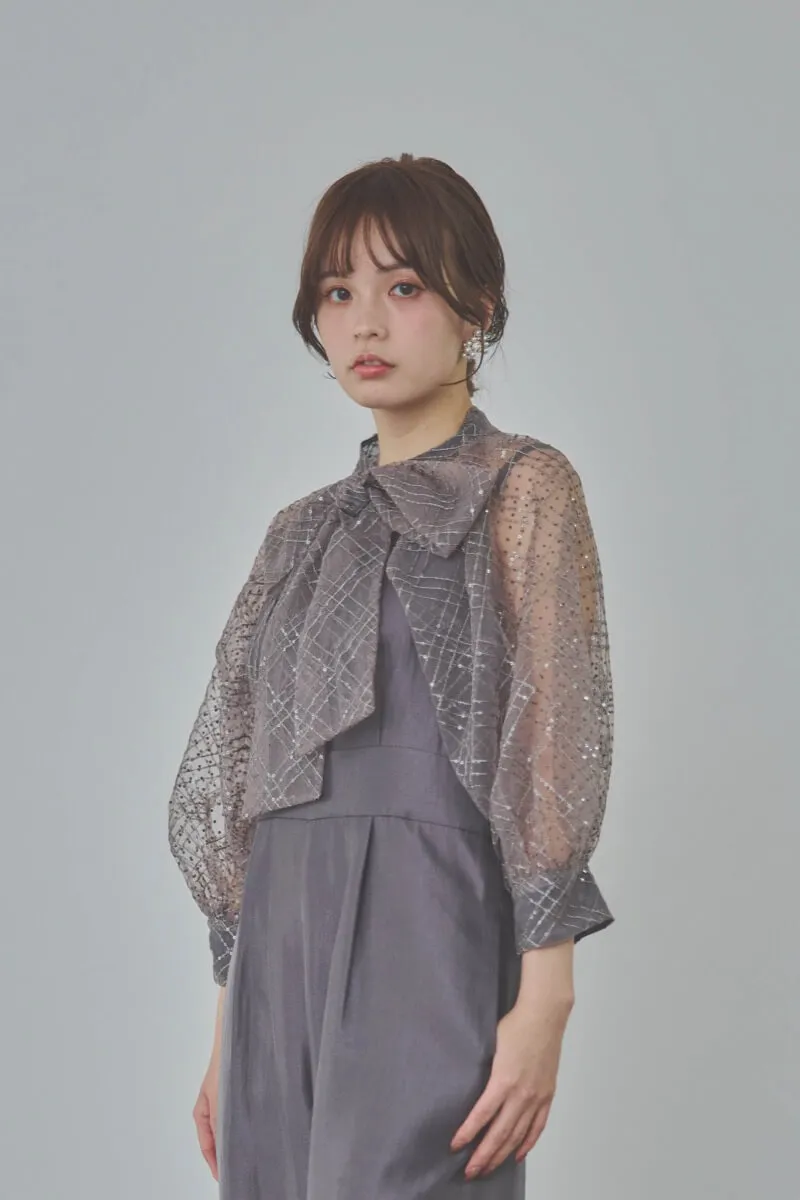 ブルーグレーのパフスリーブボレロオールインワンドレス