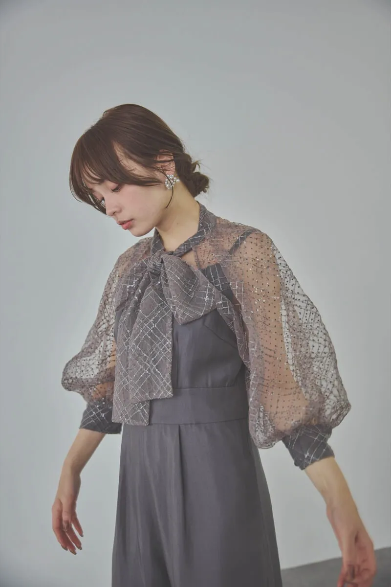 ブルーグレーのパフスリーブボレロオールインワンドレス