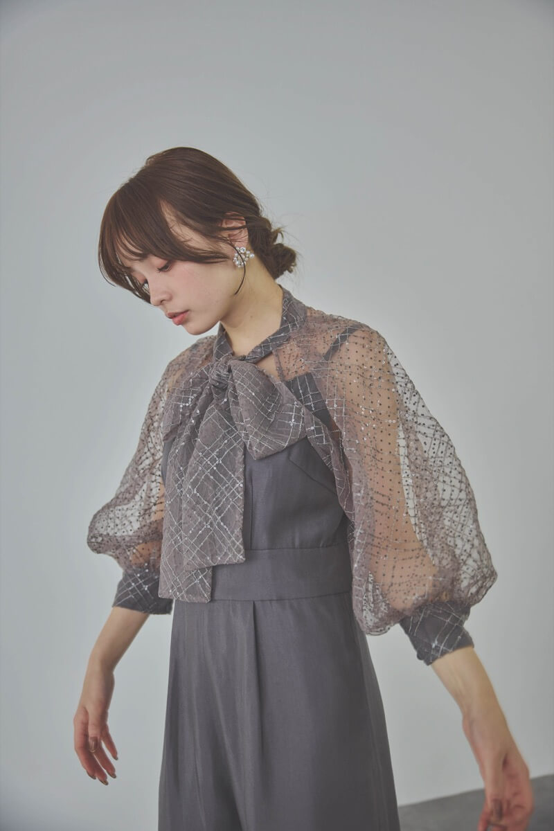 ブルーグレーのパフスリーブボレロオールインワンドレス