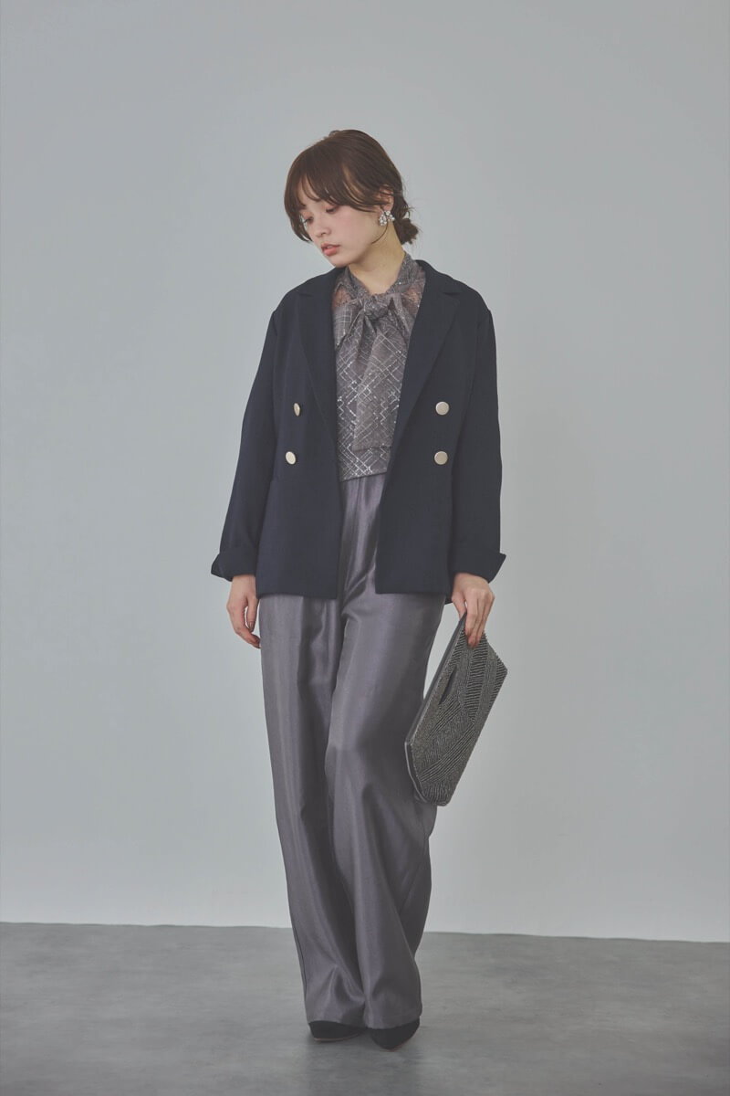 ブルーグレーのパフスリーブボレロオールインワンドレス