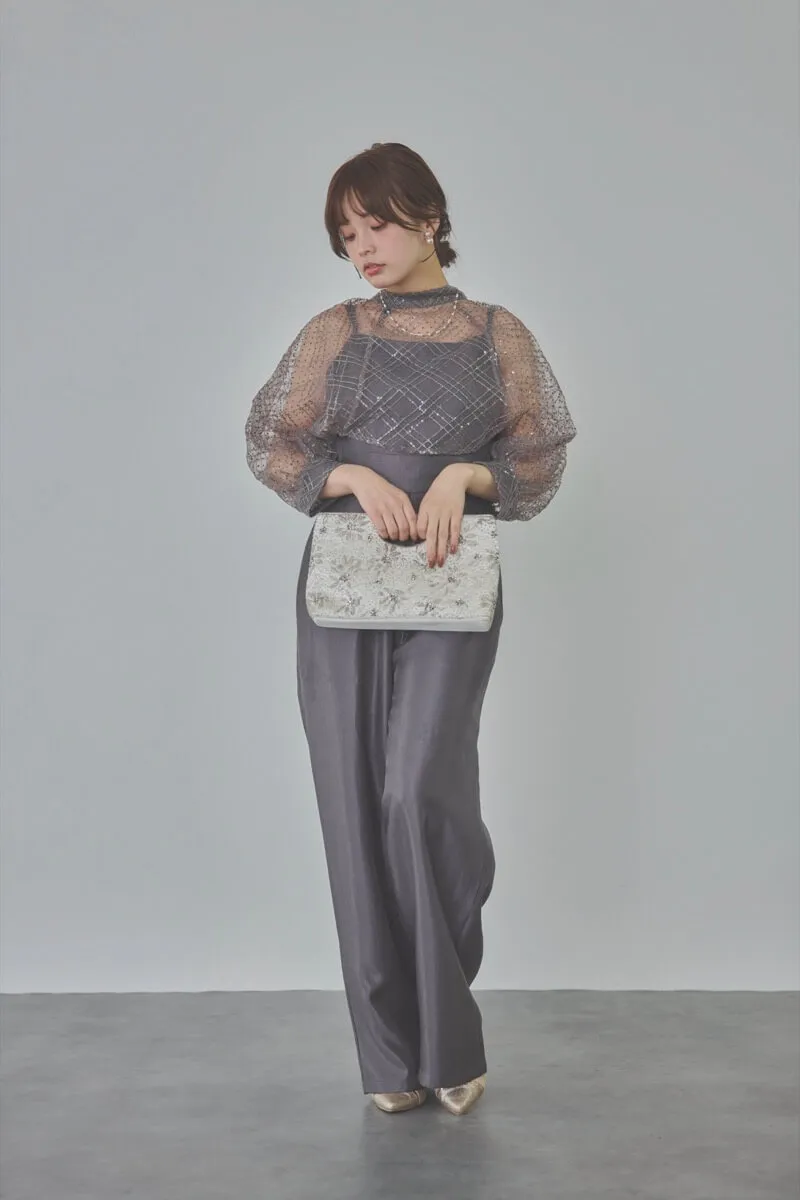 ブルーグレーのパフスリーブボレロオールインワンドレス