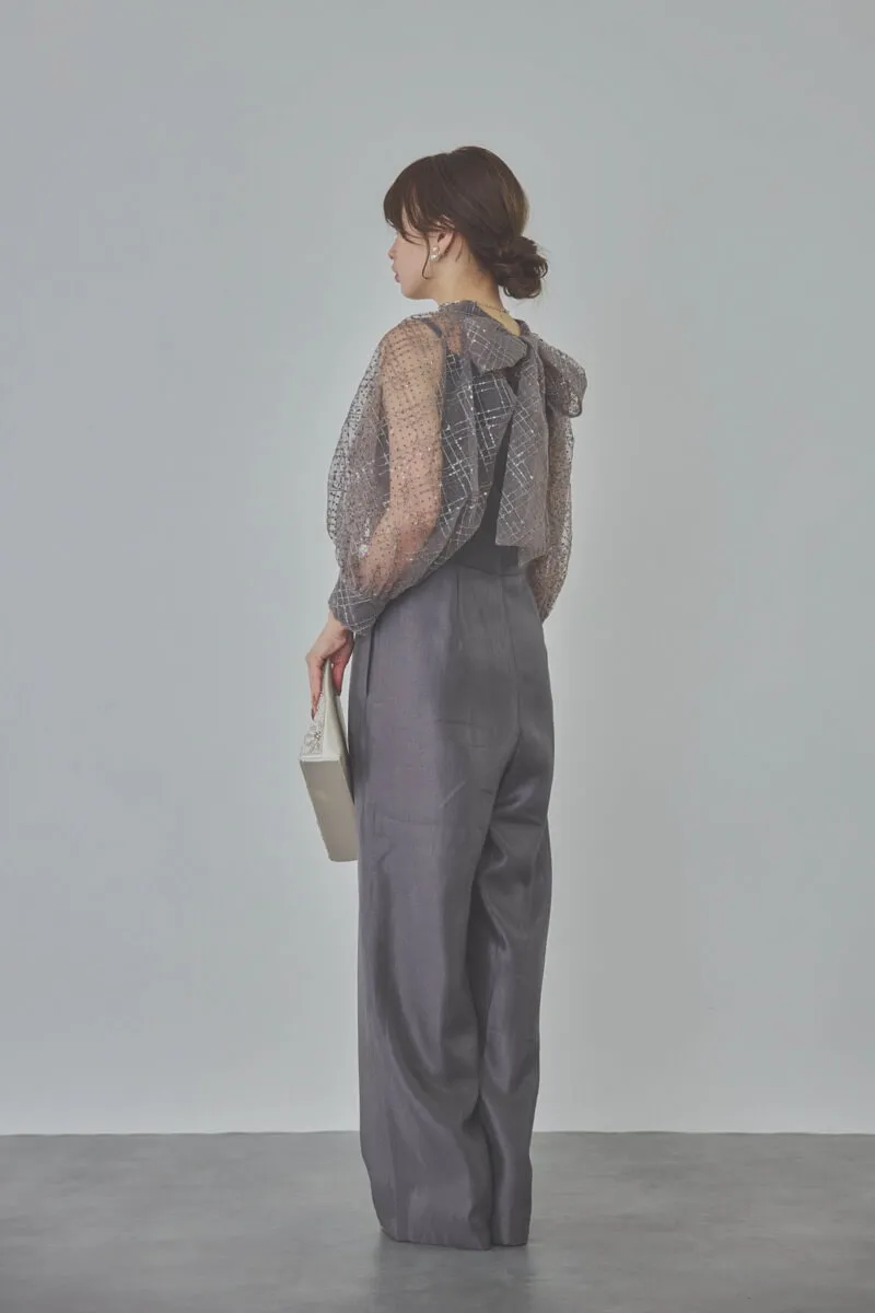 ブルーグレーのパフスリーブボレロオールインワンドレス