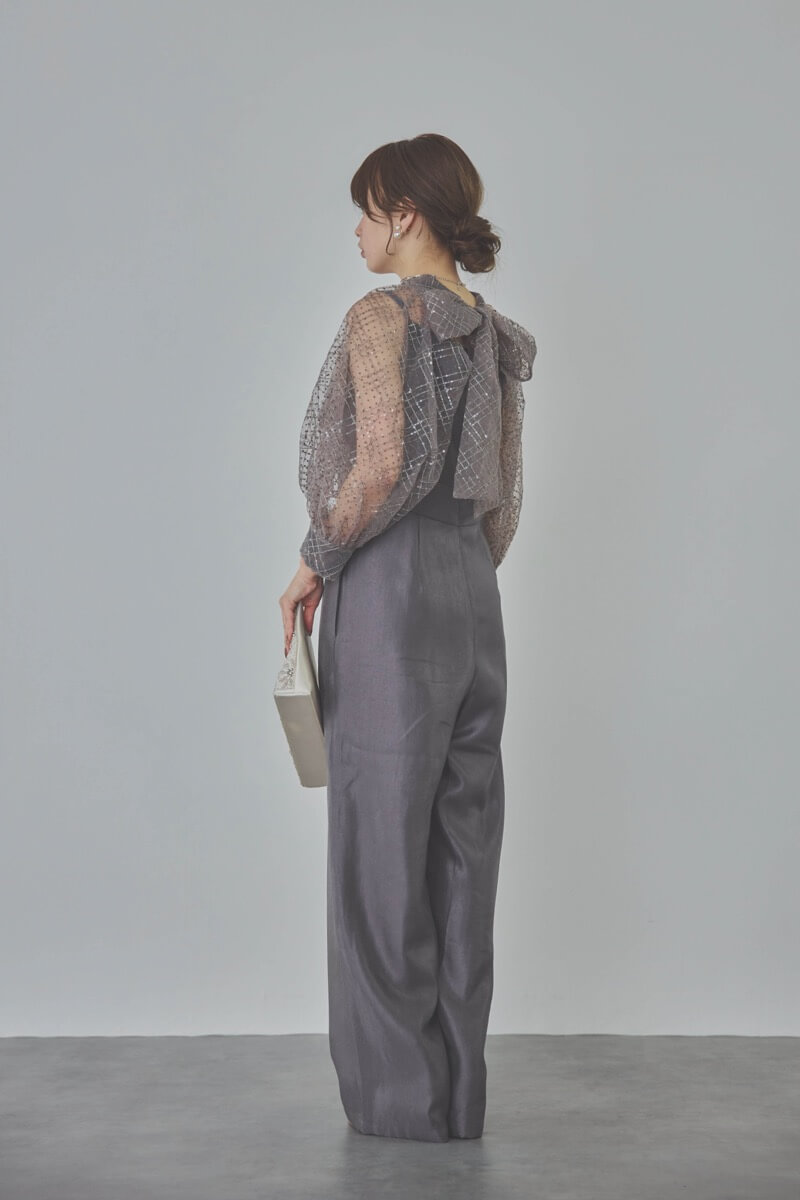 ブルーグレーのパフスリーブボレロオールインワンドレス