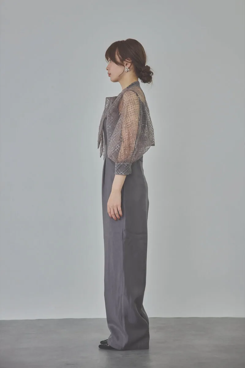 ブルーグレーのパフスリーブボレロオールインワンドレス