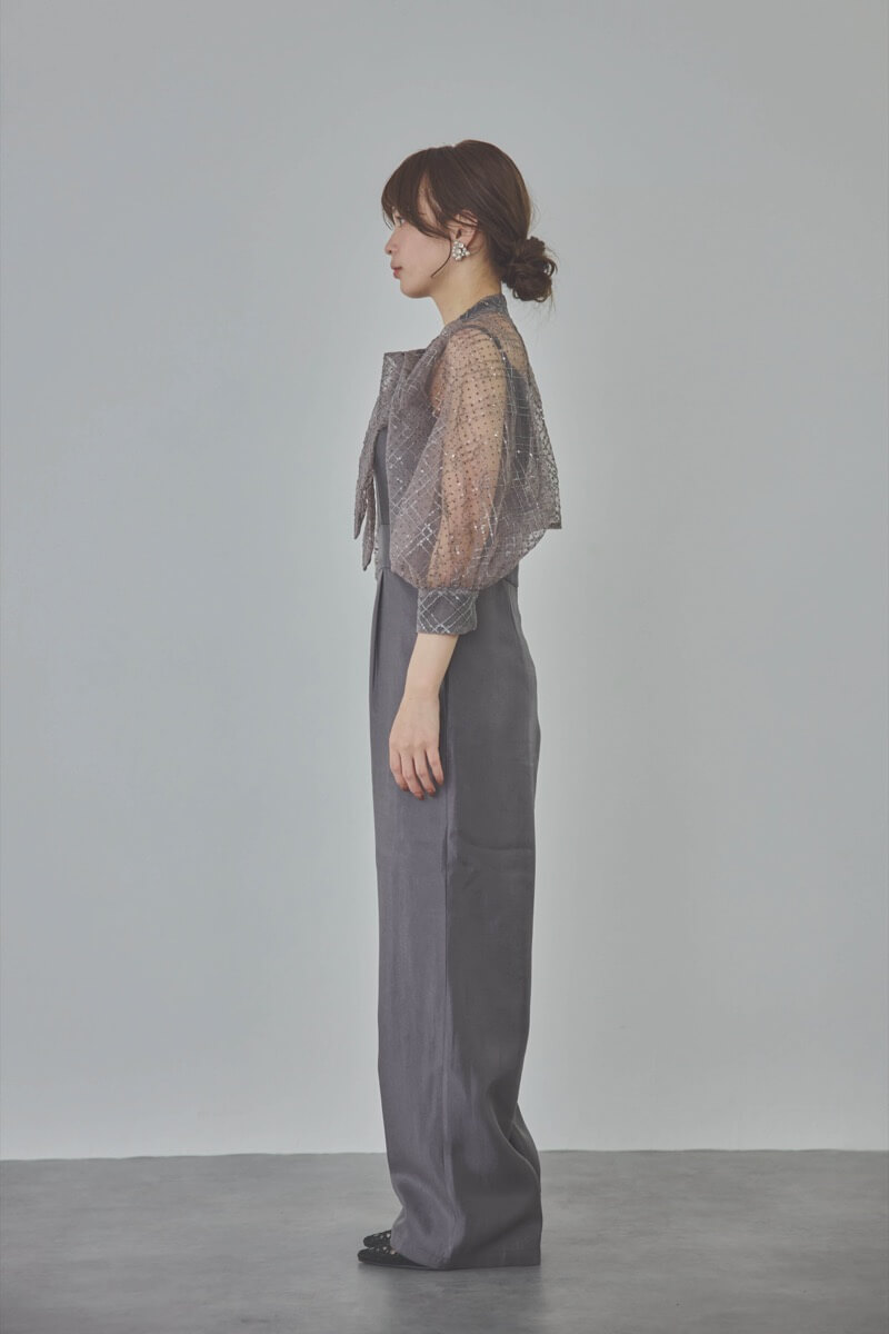 ブルーグレーのパフスリーブボレロオールインワンドレス